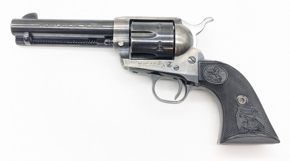 Colt 2nd Gen Single Action Army .357 Mag Revolver: Colt 2nd Gen Single Action Army .357 Mag Revolver. Revolver was made in 1969 and features a 5-3/8in barrel, blued finish barrel and grip frame, color case hardened receiver, and checkered gutta percha