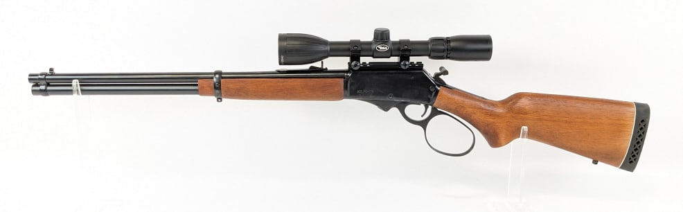Rossi Rio Grande RG4570 45-70 Lever Action Rifle: Rossi Rio Grande RG4570 45-70 Lever Action Rifle. Features a 20in barrel, buckhorn sights, BSA 4-12x40 scope, extended hammer spur, large loop lever, blued finish, and smooth wood stock. Rifle is in v