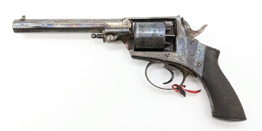 Reeves Improved Double Action .44 Cal Revolver: Reeves Improved Double Action .44 Cal Revolver. Comes with a small internal part although am unsure of where it goes to. Features a 6in octagon barrel, stylish ram rod lever, appears to have all new n