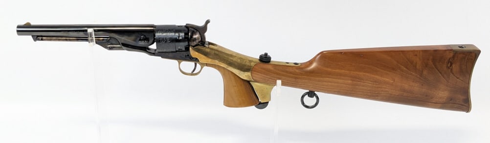 Armi San Paolo 1860 Army .44 Blackpowder Revolver: Armi San Paolo Model 1860 Army .44 Cal Blackpowder Revolver. Features a 7-3/4in blued finish barrel, color case hardened plunger rod, color case hardened receiver and hammer, engraved ship scene cylin