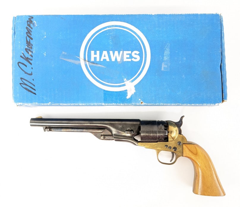 Hawes Model 1890 Army .44 Cal Blackpowder Revolver: Hawes Firearms Model 1890 Army .44 Cal Blackpowder Revolver w/ Box. Features an 8in barrel, blued finish barrel, color case hardened trigger hammer and ram rod, battleship scene engraved cylinder, bra