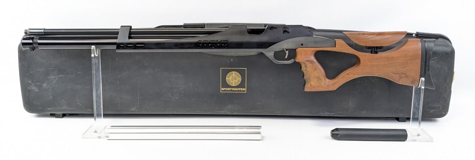 Steyr-Sportwaffen LG 110 5.5mm Air Rifle w/ Case: Steyr-Sportwaffen LG 110 5.5mm Air Rifle w/ Case. Comes with an extra stainless steel air tank and features a 22-1/2in barrel with an air rifle sound moderator, matte black finish, and ergonomic wood 
