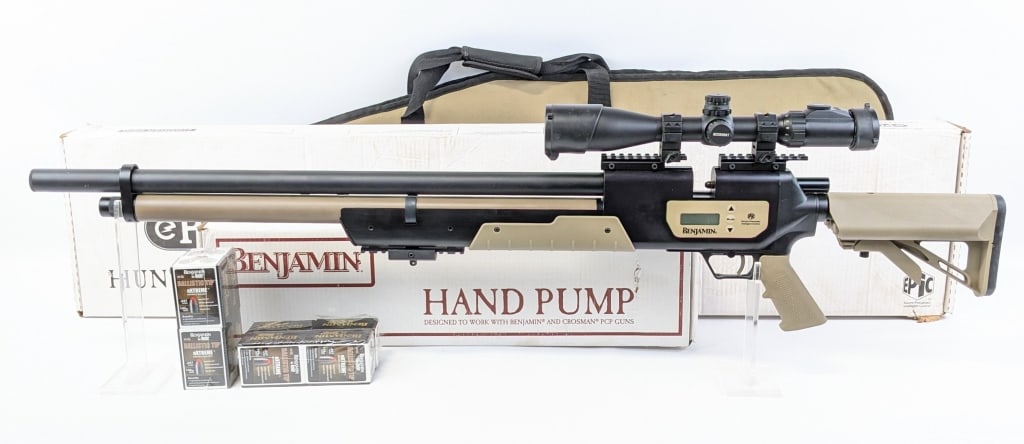 Benjamin Rogue .357 Electro-Pneumatic Air Rifle: Benjamin Rogue Model BPE3571 .357 Electro-Pneumatic Air Rifle. Comes in the original box with soft carrying case, original hand pump, three 6 round magazines, and 300 Benjamin Nosler ballistic tip .35