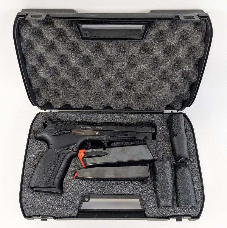 NIB Grand Power X-Calibur 9mm Semi Auto Pistol: NIB Grand Power X-Calibur 9mm Semi Auto Pistol. Comes in the original case with two extra magazines and grip extensions. Features a 5in fluted barrel, ported slide, under barrel mount, adjustable rear