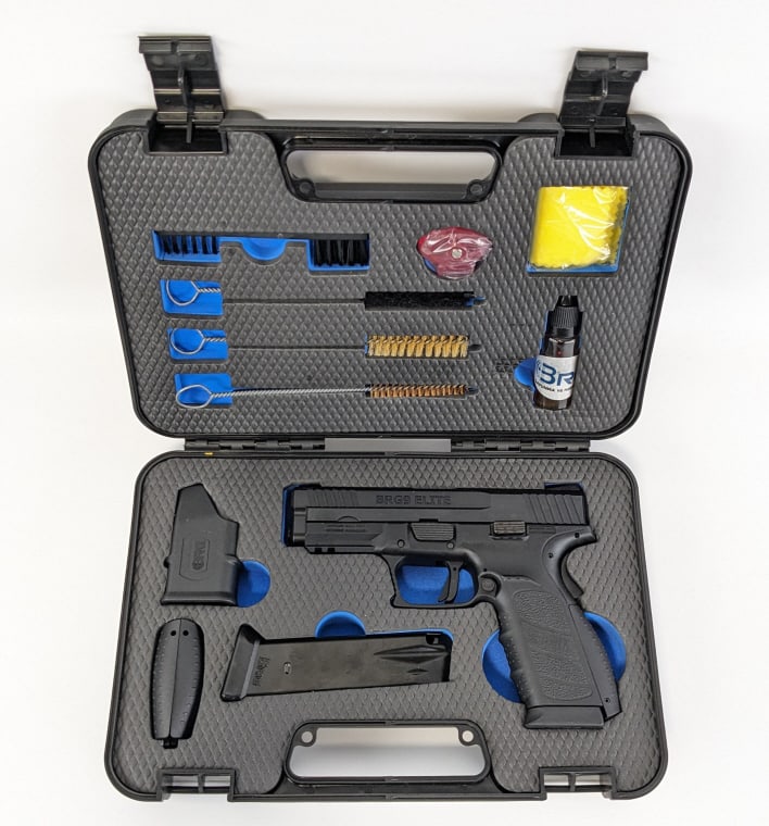 NIB BRG USA BRG9 Elite 9mm Semi Auto Pistol: NIB BRG USA BRG9 Elite 9mm Semi Auto Pistol. Comes new in the case with a cleaning kit, extra magazine, magazine loading assistor, and grip options. Features a 4in barrel, under barrel rail, trigger s