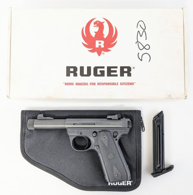 Ruger 22/45 Mk 3 .22 LR Semi Auto Pistol w/ Box: Ruger 22/45 Mk 3 .22 LR Semi Auto Pistol w/ Box. Comes in the original box with an extra magazine and carrying case and features a 4-3/8in 1/2in threaded barrel, adjustable rear sight, matte black fin