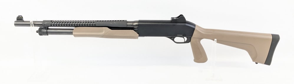 Stevens Model 320 12 Ga Pump Shotgun: Stevens Model 320 12 Ga Pump Shotgun. Features an 18-1/2in barrel, fiber optic front sight, adjustable rear peep sight, heat shield, matte black finish, and tan polymer stock. Shotgun is in fair condi