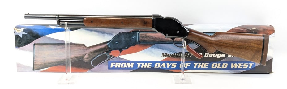 NIB Norinco Model 87 12 Ga Lever Action Shotgun: NIB Norinco Model 87 12 Ga Lever Action Shotgun. Features a 20in barrel, blued finish, leather wrap around the lever, and smooth wood stock. Shotgun is in new condition. FFL Required for Transfer. SN: