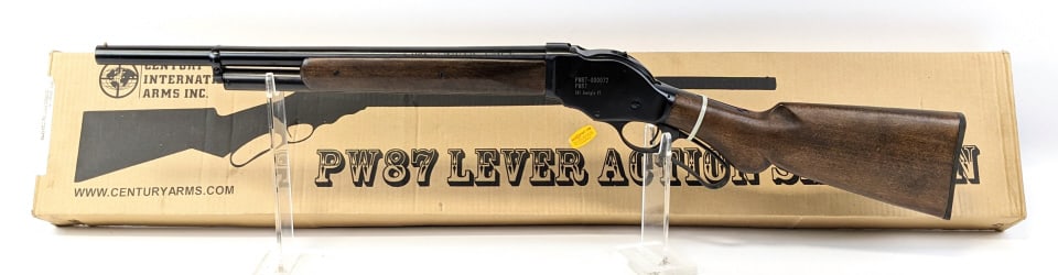 NIB Chinese Century Int'l PW87 12 Ga Lever Shotgun: NIB Chinese Century International PW87 12 Ga Lever Action Shotgun. Features a 20in barrel, blued finish, and smooth wood stock. Shotgun is in new condition. FFL Required for Transfer. SN: PW87-000072 