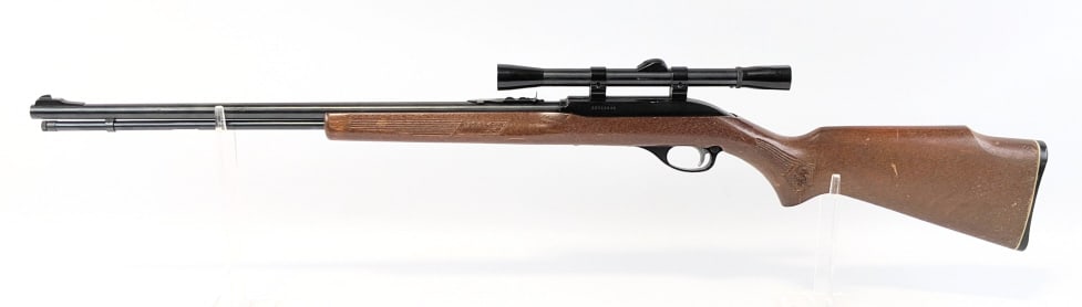 Marlin Glenfield Model 60 .22 LR Semi Auto Rifle: Marlin Glenfield Model 60 .22 LR Semi Auto Rifle. Features a 22in barrel, unbranded scope, blued black finish, and smooth wood stock. Rifle is in very nice used condition with some light scuffs on the