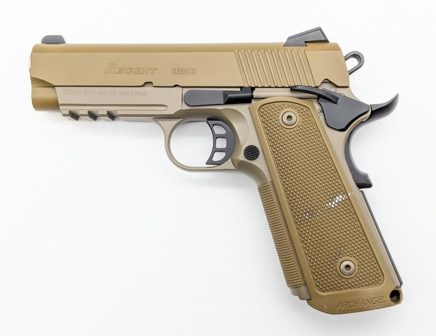 Umarex Regent R350CR .45 ACP Semi Auto Pistol: Umarex Regent R350CR .45 ACP Semi Auto Pistol. Features a 4in barrel, under barrel rail, flat dark earth finish, black finish accents, checkered grip interior, and checkered metal grips. Pistol is in 