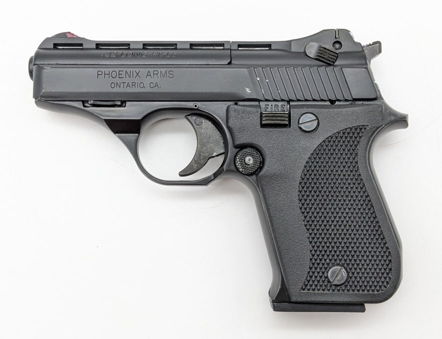 Phoenix-Arms HP22A .22 LR Semi Auto Pistol: Phoenix-Arms HP22A .22 LR Semi Auto Pistol. Features a 3in barrel, vented rib, matte black finish, and checkered black plastic grips. Pistol is in good used condition with scuffs, and white painted re