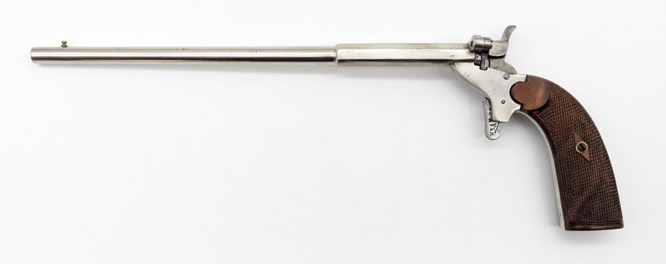 Antique Belgium Flobert 6mm Parlor Pistol: Antique Belgium Flobert 6mm Parlor Pistol. The Belgium Flobert Parlor Pistol is in very nice used condition. Barrel measures 10 inches in length. Bore is extremely clean. Pistol obtains new wood grips