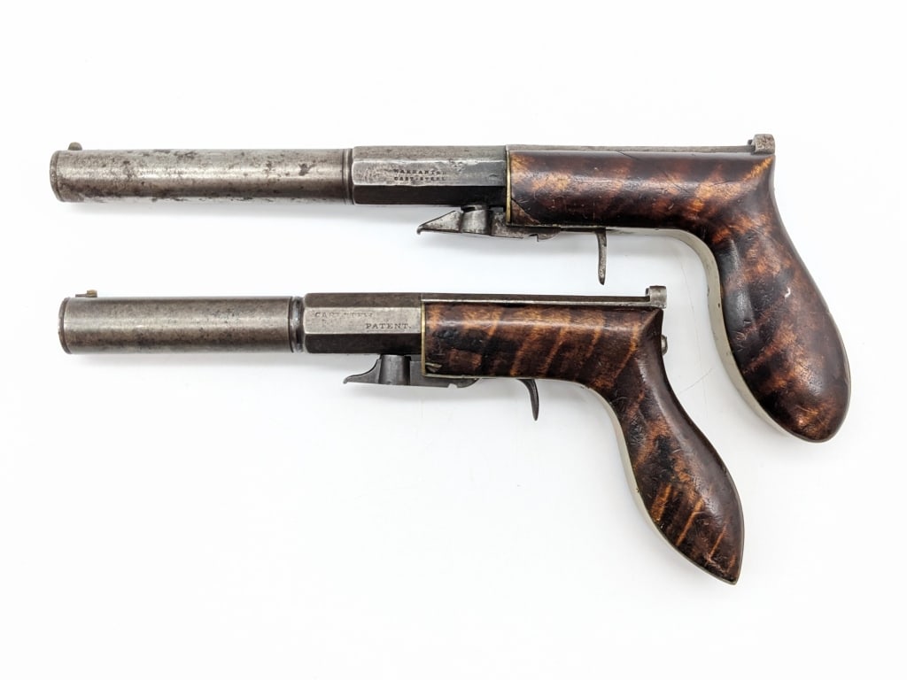 Pair of Case Willard & Co Underhammer Pistols: Pair of Case Willard & Co .35 Cal Underhammer Pistols. Pistols features 6in and 4in half octagon barrels, brass grip frames, and smooth wood tear drop shape handles. Pistols are in nice condition with
