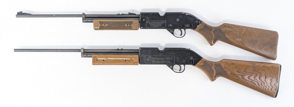 (2) Crosman Model 760 .177 Cal Air Rifles: (2) Crosman Model 760 .177 Cal Air Rifles. Rifles are in used conditon with scuffs, surface rust, and other wear from use and handling. The one rifle is missing both the front and rear sights.