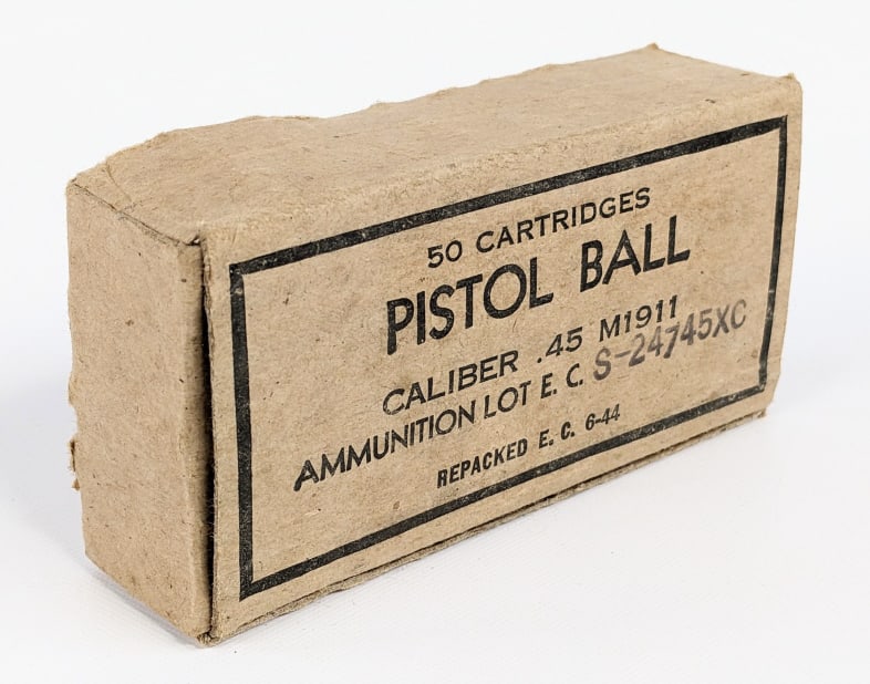 50 Rnds Cal .45 M1911 Pistol Ball Ammo: 50 Rnds Cal .45 M1911 Pistol Ball Ammo. Comes In 50 Round Box.