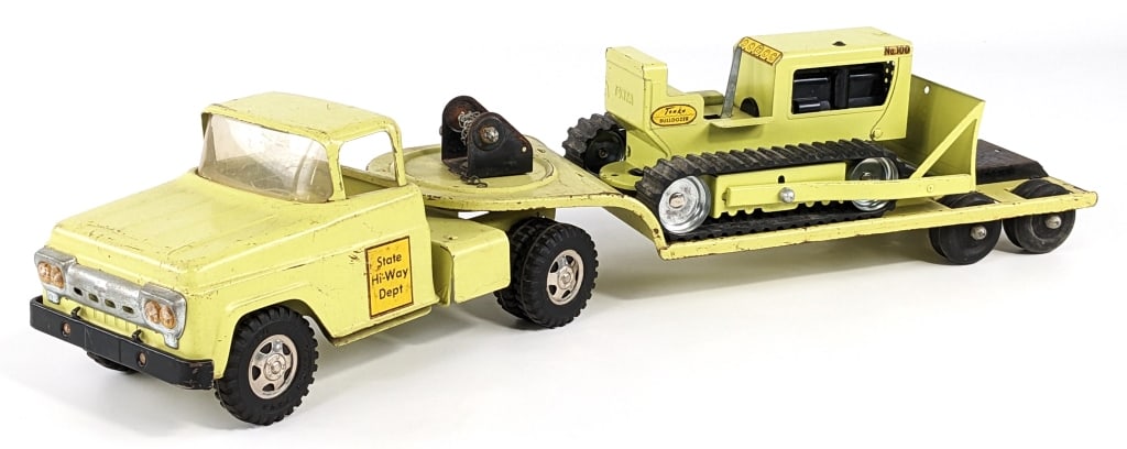 Tonka State Hi-Way Dept. Truck w/ Lowboy & Dozer: Original lime green Tonka State Hi-Way Dept. truck with lowboy trailer and bulldozer. The bulldozer is missing the exhaust. Original condition overall with paint loss, scratches, and play wear. Measur
