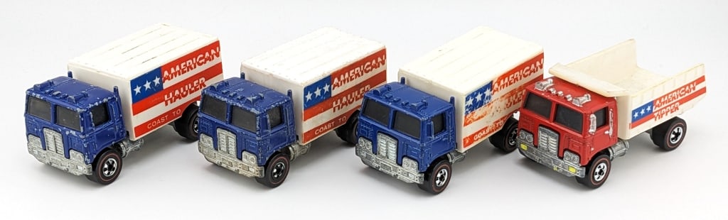(4) Hot Wheels Redline American Hauler & Tipper: Hot Wheels Redline American Hauler and Tipper trucks. Includes (3) American Hauler trucks and (1) American Tipper dump truck. All have some decal loss, paint chipping, and wear from age. The American