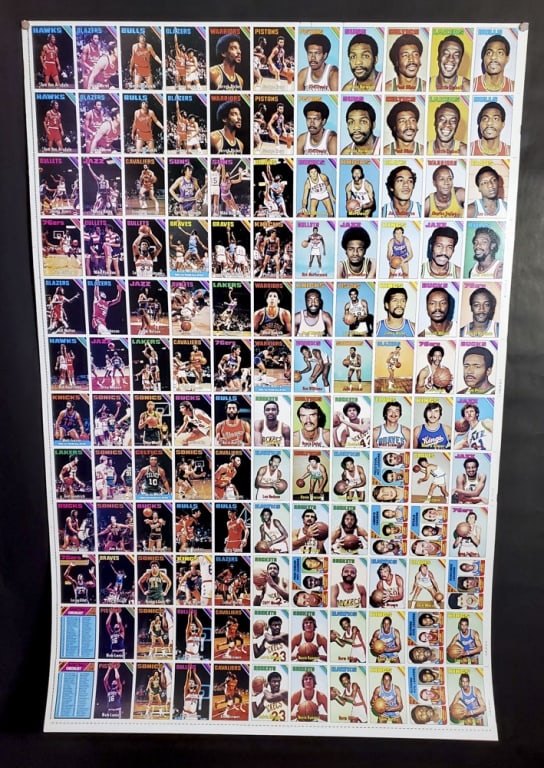 1975 Topps Basketball Trading Card Uncut Sheet: Featuring Walt Frazier, Karem Abdul-Jabar, Phil Jackson, Pat Riley, Bill Walton amd more. The sheet is in very good condition with minimal edge wear. The sheet is 43' x 28.5"