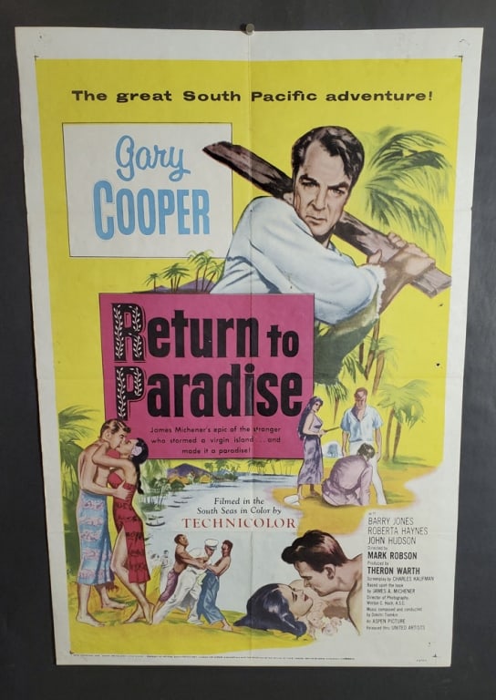 Gary Cooper "Return to Paradise" Movie Poster: The 1953 movie poster is in good condition with pin holes and tape residue in the corners. There are fold marks and wear on the edges and corners. The poster measures approx. 41' x 27