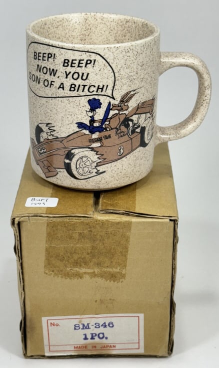 NOS Compliments Of Bobby Unser Road Runner Mug: Unique vintage Bobby Unser "Beep! Beep! Now, You Son Of A ...." Road Runner racing ceramic mug in original box. "Compliments of Bobby Unser" on the back side. Appears to be in very nice condition with