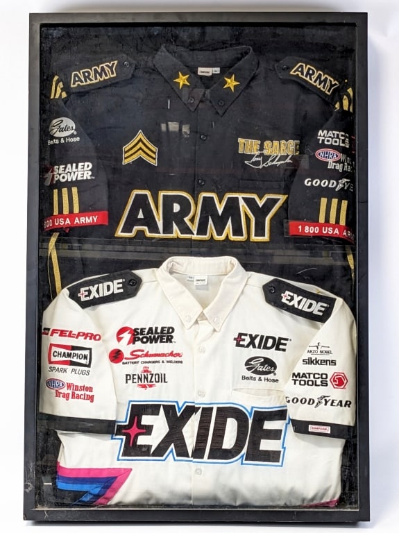 Tony Schumacher US Army & Exide Simpson Race Suits: Tony Schumacher framed U.S. Army and Exide Simpson racing suits. The suits are framed nicely in a shadow box style frame. The Army suit is a size XL and the Exide is a size M. The frame measures appro
