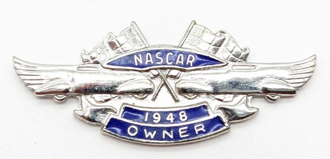 1948 Nascar Owner Pin: Very rare NASCAR car owner pin from the first year the sanctioning body existed. NASCAR was founded February 21, 1948, making this pin an incredible momento of the start of the stock car era. Ref #WPN