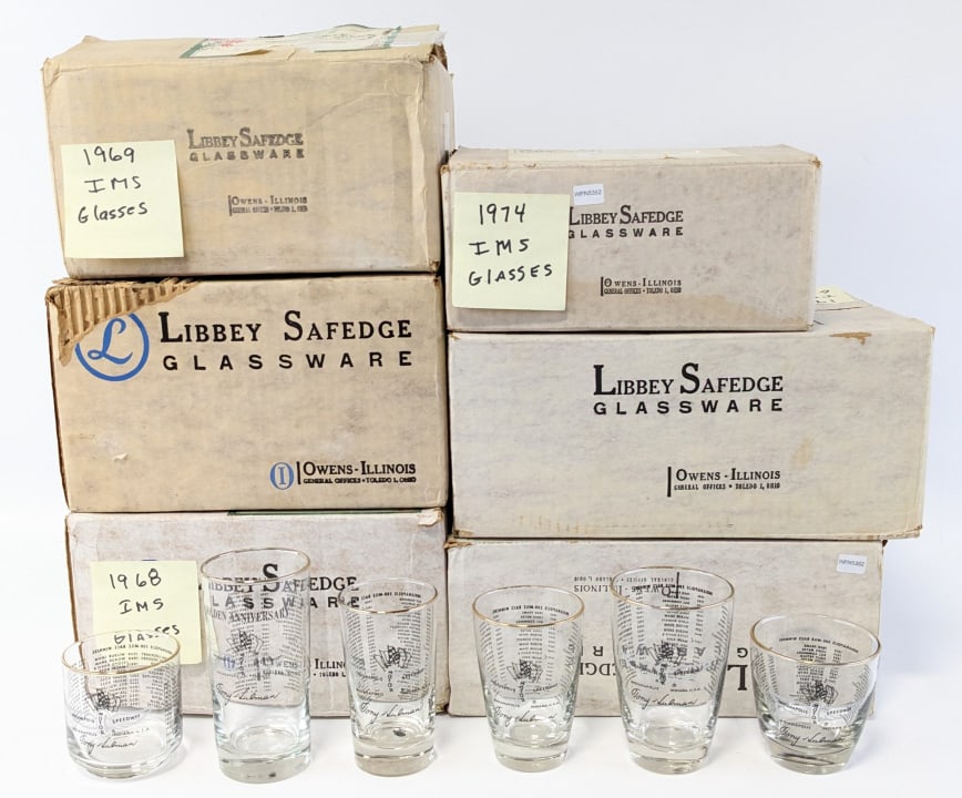 (6) Sets Of Indy 500 Glasses: Beginning in 1950, the Indianapolis Motor Speedway began sending sets of glassware out at Christmas time to lap sponsors, employees, VIP's and friends. The glassware was made by the Libbey Glass Compa
