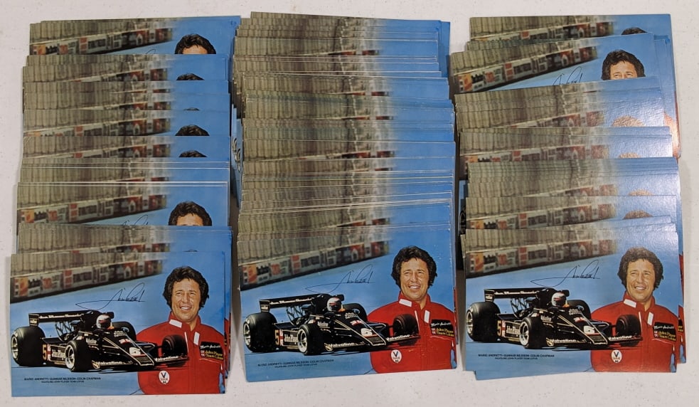 Racing Pictorial Mario Andretti Postcards: More than 100 new old stock Racing Pictorial postcards depicting Mario Andretti in his Formula 1 championship Lotus 78. Ref #MRT5005