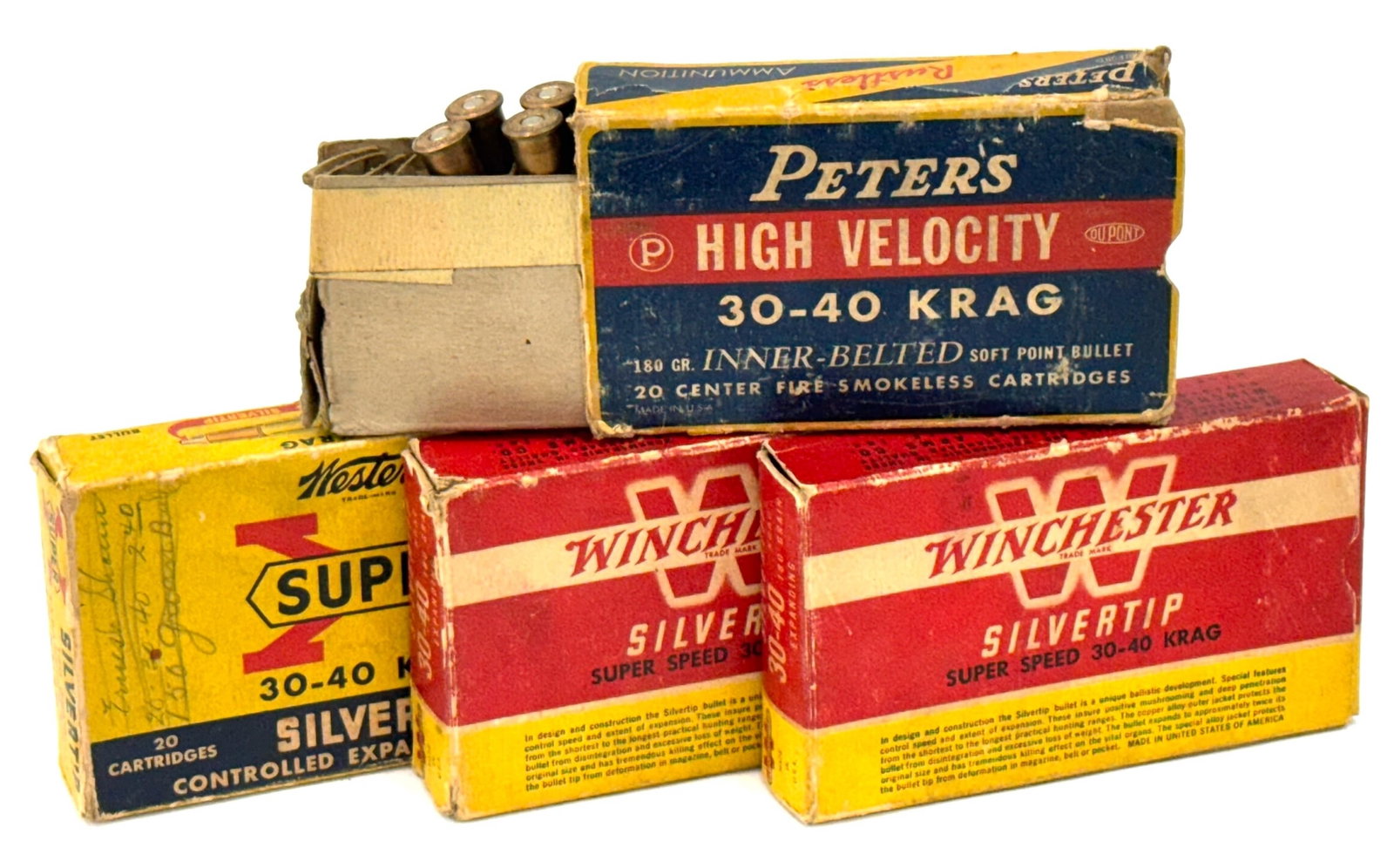 55 Rounds Winchester & Peters 30-40 Krag Reloaded Ammo: 55 Rounds Winchester & Peters 30-40 Krag Reloaded Ammo.? The reloaded ammo is in vintage Winchester, Peters and? Western Super Boxes.? Boxes are in used condition.?