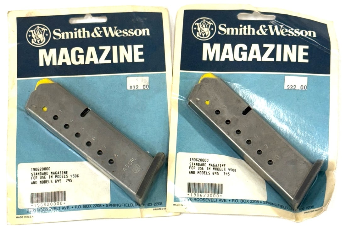 Smith & Wesson Magazines for Model 4506, 645 and 745 New in Packages: Smith & Wesson Magazines for Model 4506, 645 and 745 New in Packages.? The two Smith & Wesson magazines are brand new and in the original packages.? Package reads standard magazine for models 4506, 64