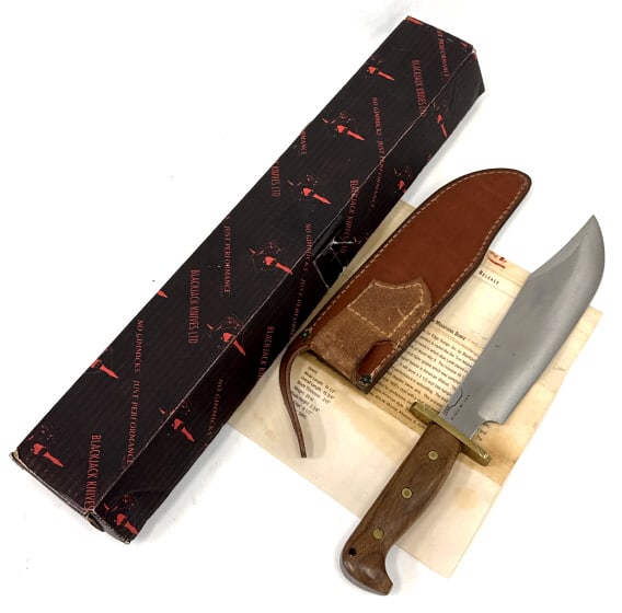 Shining Mountains Bowie Knife by Blackjack in Box: Shining Mountains Bowie Knife by Blackjack in Box. The Shining Mountains Bowie knife is in very nice used condition. Blade measures 10.5 inches in length. Blade reads Shining Mountains Bowie Blackjack