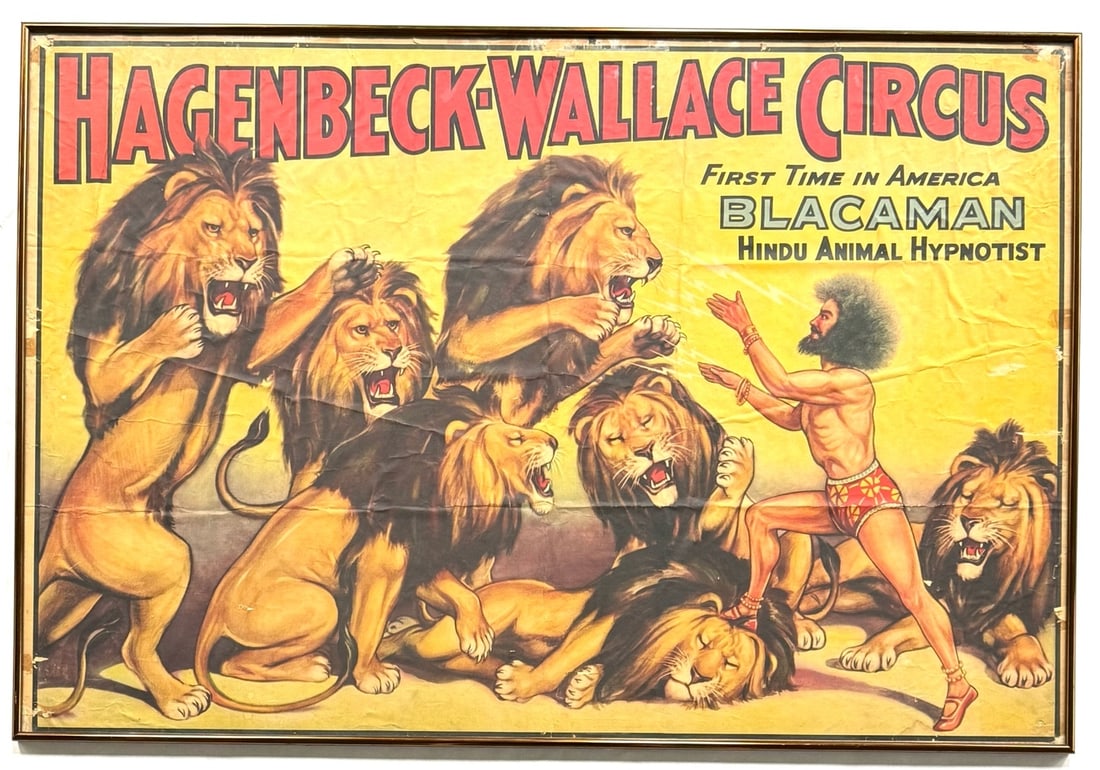1930's Erie Litho Co. Hagenbeck-Wallace Circus Poster: 1930's Erie Litho Co. Hagenbeck-Wallace Circus Poster Framed.? Hagenbeck-Wallace Circus First Time in America Blacaman Hindu Animal Hypnotist.? Bottom right hand corner of poster reads Erie Litho & PT