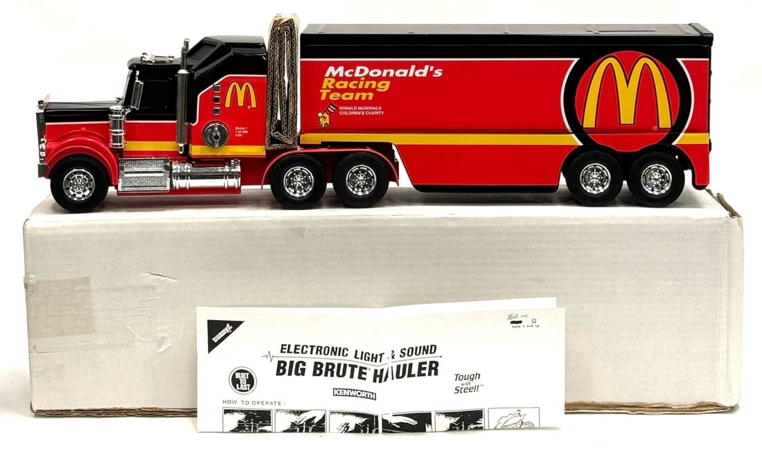 Buddy L Kenworth Big Brute Hauler McDonald's Racing Team: Buddy L Pressed Steel Kenworth Big Brute Hauler McDonald's Racing Team 18-Wheeler. This 1989 Promotional truck is electric with light and sound.? Made with a combination of pressed steel and plastic t