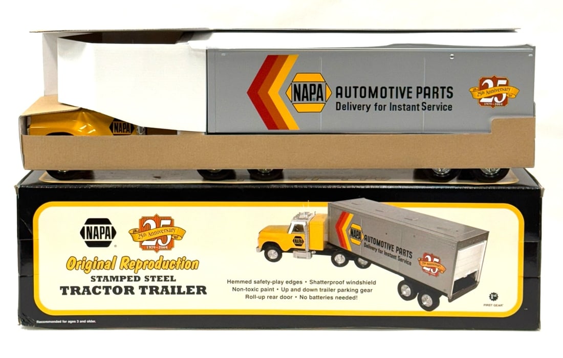 1st Gear NAPA 25th Anniversary Stamped Steel Tractor Trailer: 1st Gear NAPA 25th Anniversary Stamped Steel Tractor Trailer in Original Box.? 2004 Mfg. Date (1st Gear No. 79-0190, NAPA Part # TRUCK25).? Box and Truck are both in good condition.