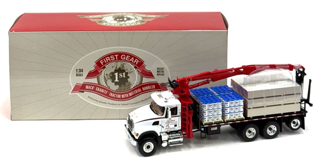 1:34 DCP 1st Gear 25th Anniversary Miller's Building Supply, Inc. Material Handler Mack Truck: 1:34 DCP 1st Gear 25th Anniversary Miller's Building Supply, Inc. Material Handler Mack Truck with Box.? Truck measures 13in long, in good condition and displays nicely, Box is in good condition