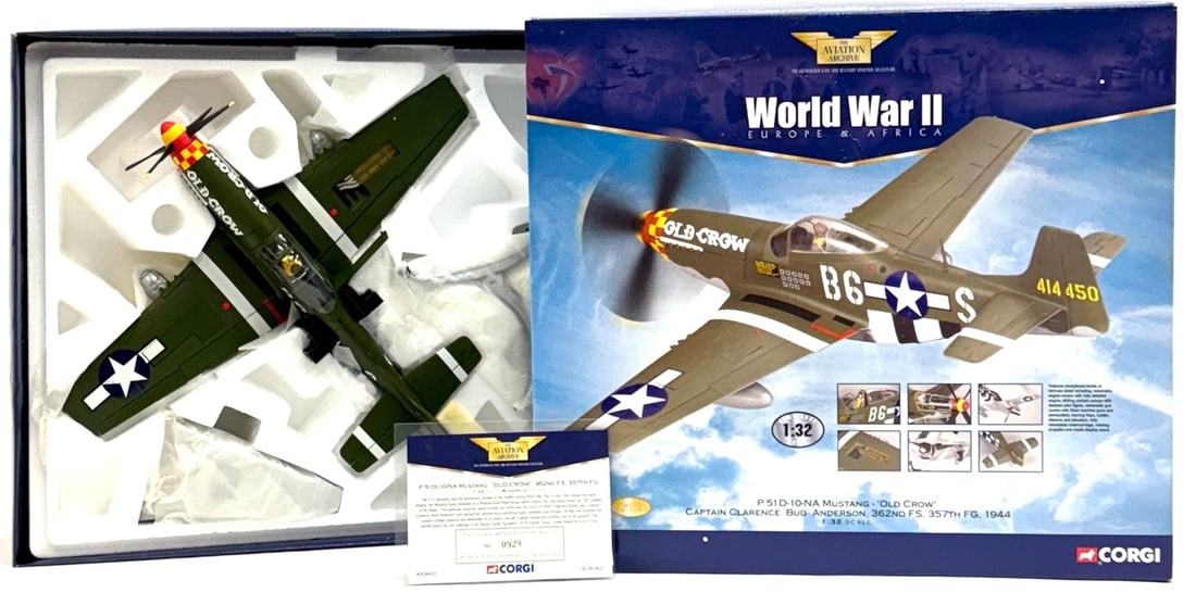 1:32 CORGI P-51D-10-NA Mustang "Old Crow" The Aviation Archive Collection: 1:32 CORGI P-51D-10-NA Mustang "Old Crow" Captain Clarence "Bud" Anderson 362nd FS, 357th FG, 1944 The Aviation Archive Collection.? (AA34402) Limited Edition No. 0929.? Plane and Box are both in good