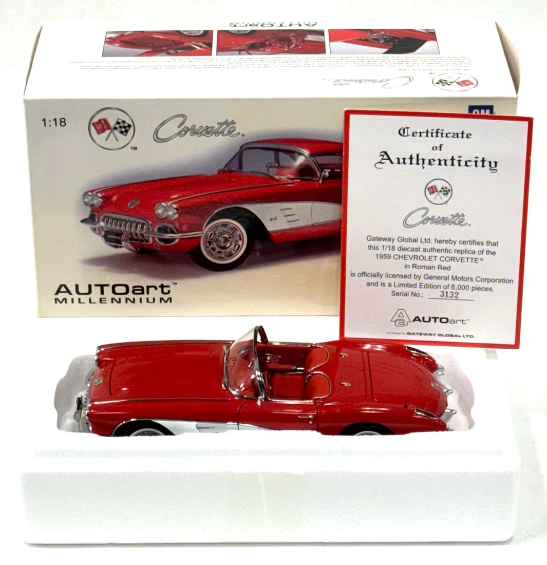 1:18 AUTOart 1959 Chevrolet Corvette Roman Red: 1:18 AUTOart 1959 Chevrolet Corvette Roman Red Die-Cast Replica Limited Edition 3,132 of 6,000.? Comes with COA by Gateway Global Ltd, Car and Box are both in good condition.