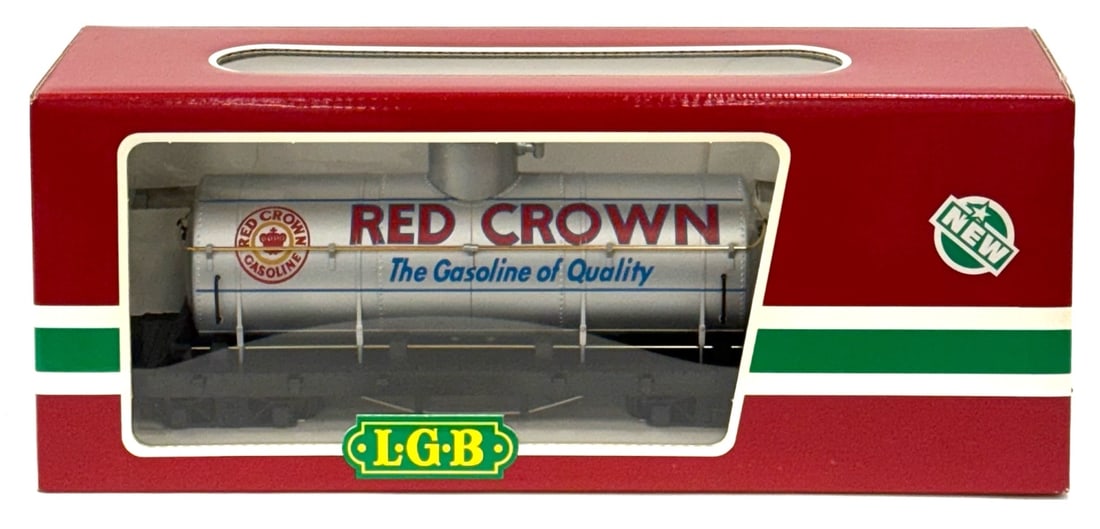 L.G.B. Red Crown Gasoline Single Dome Tank Car (4180) G-Scale: L.G.B. Red Crown Gasoline Single Dome Tank Car (4180) G-Scale in Box.? Train, Box and Outer Sleeve are all in good condition.