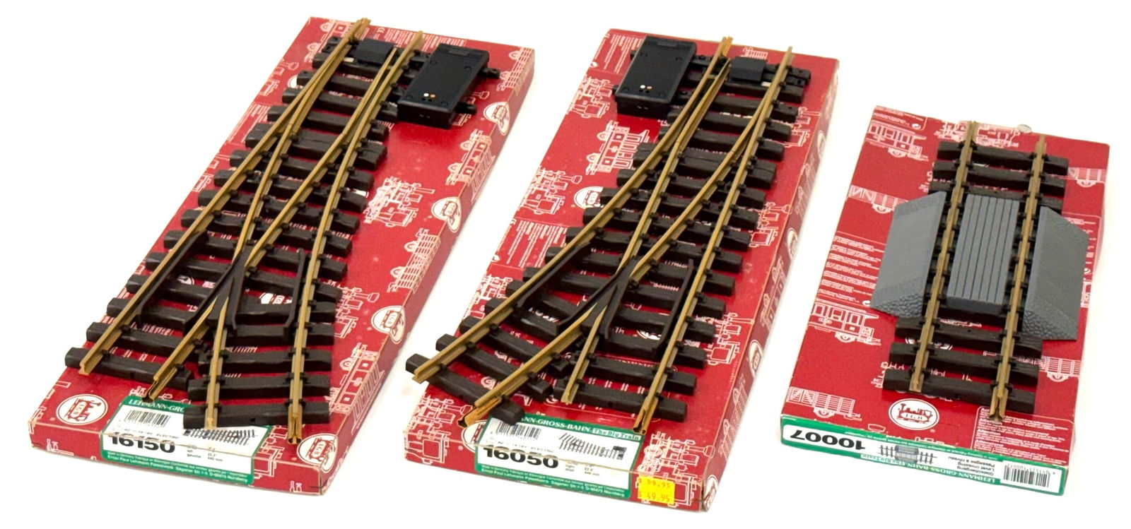 L.G.B. Road Crossing Track, Right & Left Switch R3, G-Scale: L.G.B. Road Crossing Track, Electric Right & Left Switch R3, G-Scale.? #10007 Road Crossing Track, #16050 Right R3 Electric Switch, and #16150 Left Electric Switch R3