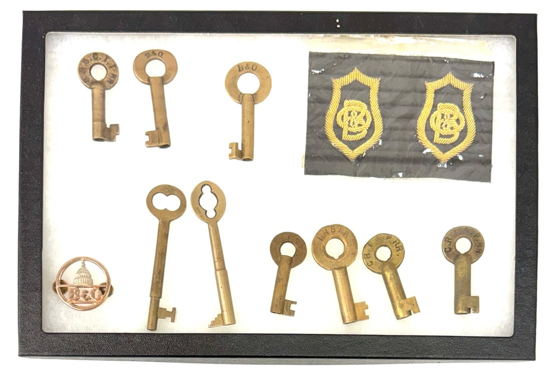 B&O, IHB, CRI, & Adlake Brass Railroad Key Collection: B&O, IHB, CRI, & Adlake Brass Railroad Key Collection. This lot contains 9 vintage brass Railroad Keys for B&O, IHB, CRI, Adlake and AF-SD Railroad Companies. Keys are in very nice used condition and 