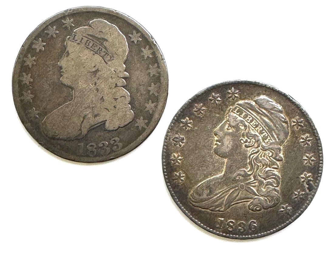 1833 & 1836 United States Capped Bust Half Dollars: 1833 & 1836 United States Capped Bust Half Dollars.? Half Dollars are in nice circulated condition,? coins have been in a private collection for many years.?