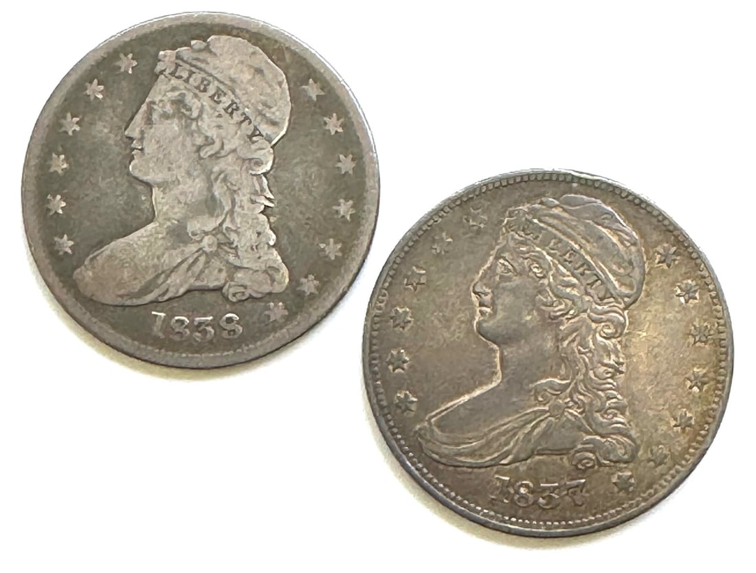 1837 & 1838 United States Capped Bust Half Dollars: 1837 & 1838 United States Capped Bust Half Dollars.? The half dollars are in nice circulated condition,? coins have been in a private collection for many years.?