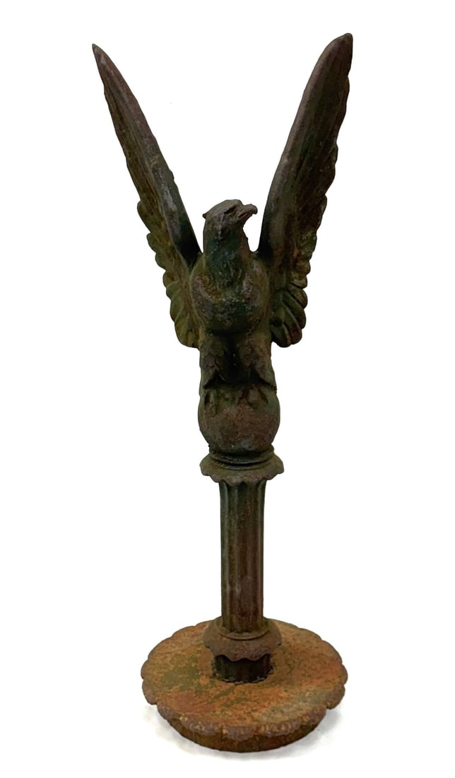Cast Iron Eagle Fence Post Topper: Cast Iron Eagle Fence Post Topper. This post Topper Depicts An Eagle with Its Wings Spread, Perched Atop A Sphere. This Topper Measures 24" x 8 1/4" x 7 3/4". There Are Areas Of Patina, As Well As Sur
