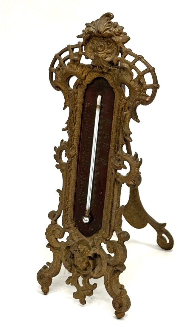 Antique Cast Iron Gilt Standing Desk Thermometer: Antique Cast Iron Gilt Standing Desk Thermometer. This Is Quite The Piece! The Mercury Thermometer Is Still In Working Condition. The Engraved Backing Of The Thermometer Is Inscribed On The Left With 