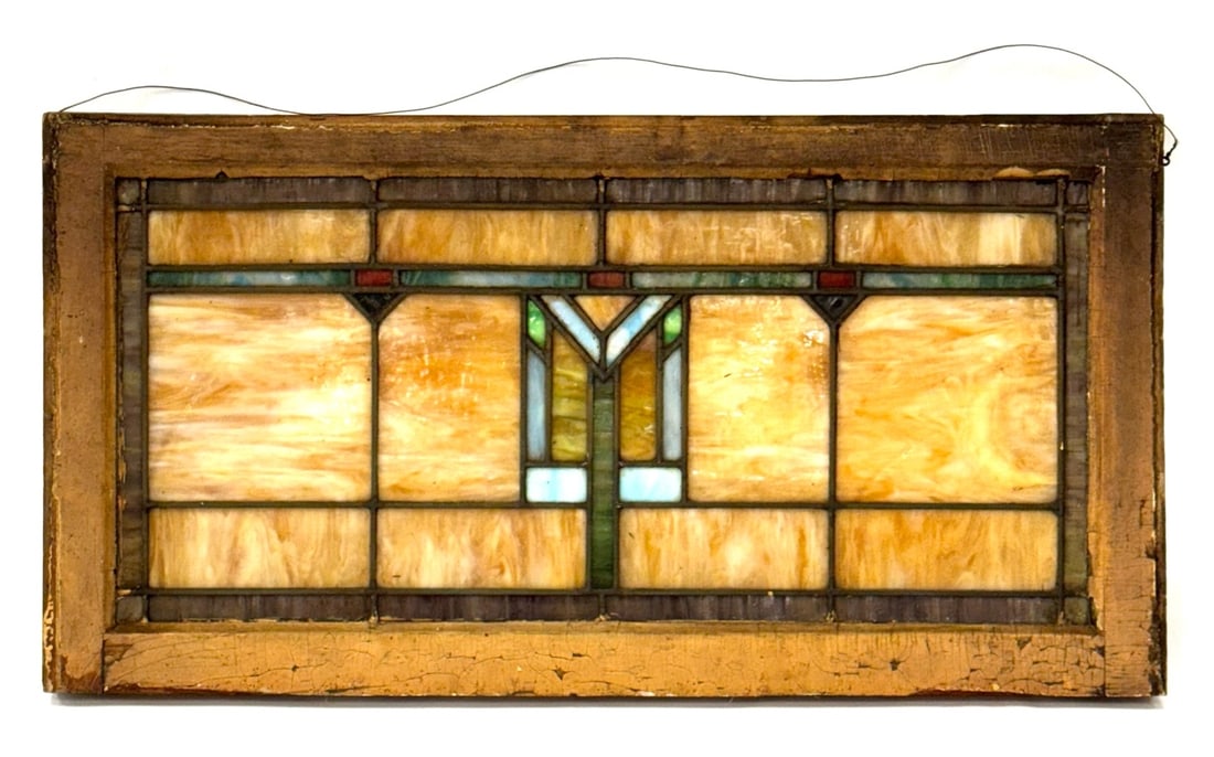 Antique Craftsman Slag Glass Window: Antique Craftsman Slag Glass Window.? This antique Slag glass window is beautiful in every way.? The craftsmanship and detail make this window an amazing artwork or showpiece.? Window measures 34 x 17