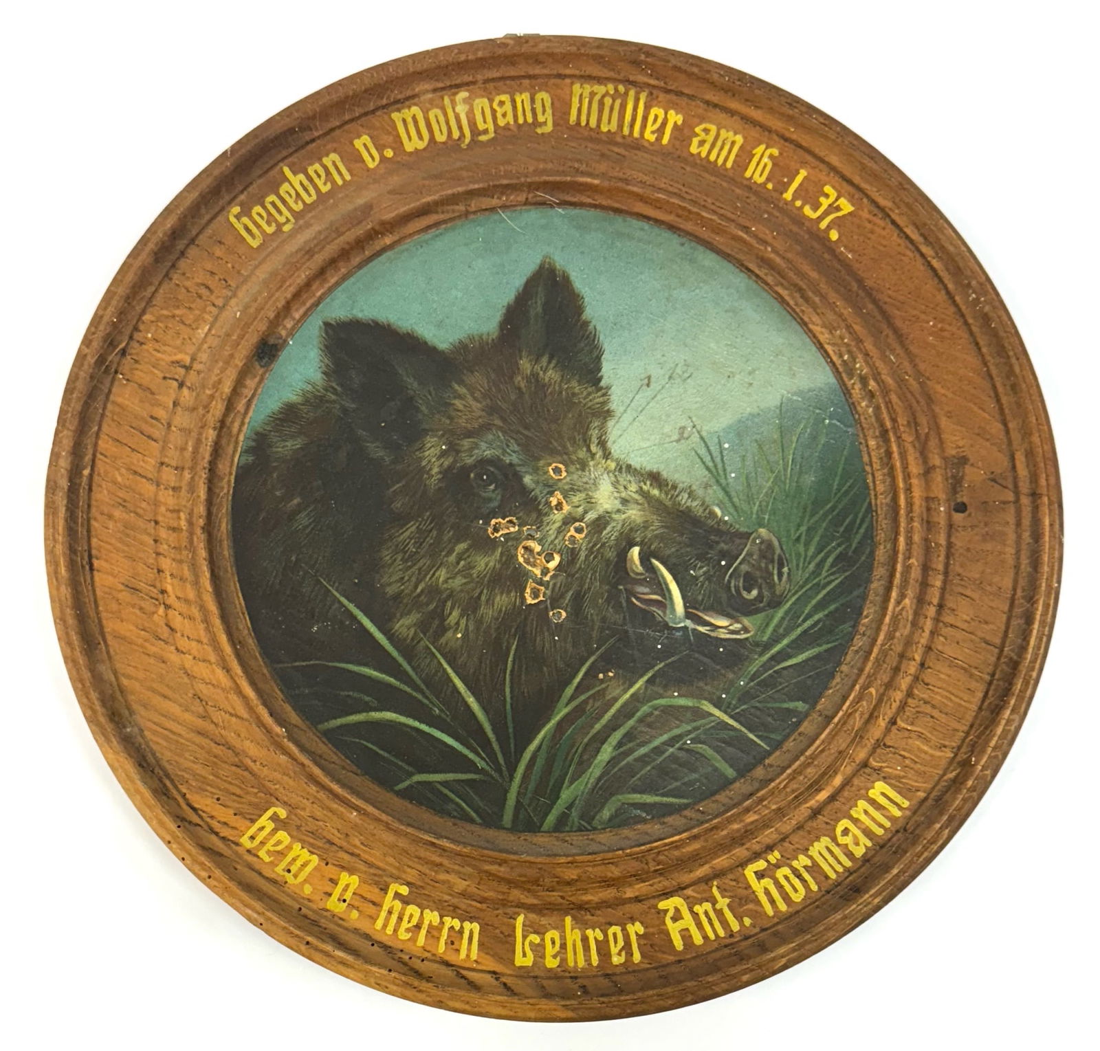 Wild Boar Wood German Shooting Target for Gentleman's Rifle Club: Wild Boar Wood German Shooting Target for Gentleman's Rifle Club.? The vintage German Shooting target is in very nice used condition.? Target has been shot at by a small caliber Rifle.? Paper wild boa