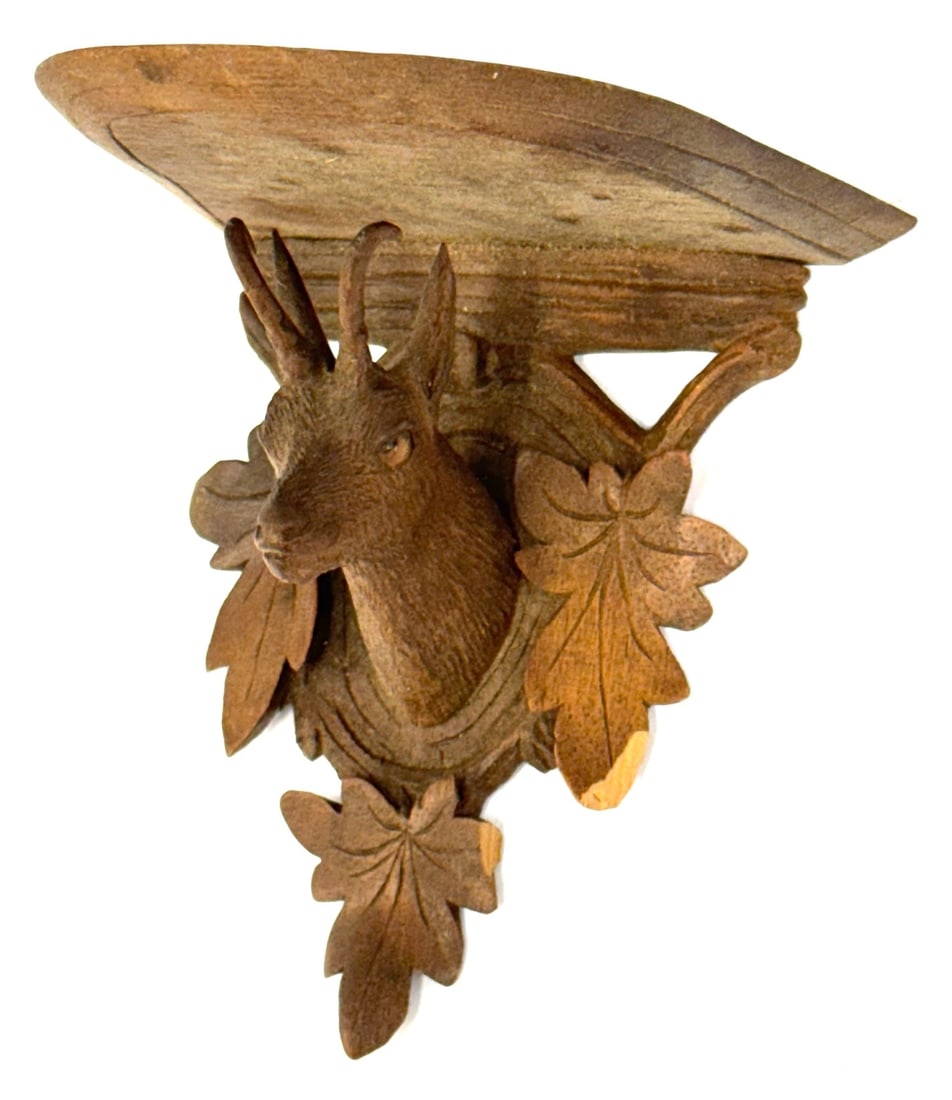 Antique Black Forest Chamois Glass Eyes Walnut Carved Wall Shelf: Antique Black Forest Chamois Glass Eyes Walnut Carved Wall Shelf.? Measures 5in x 4in x 5.5in