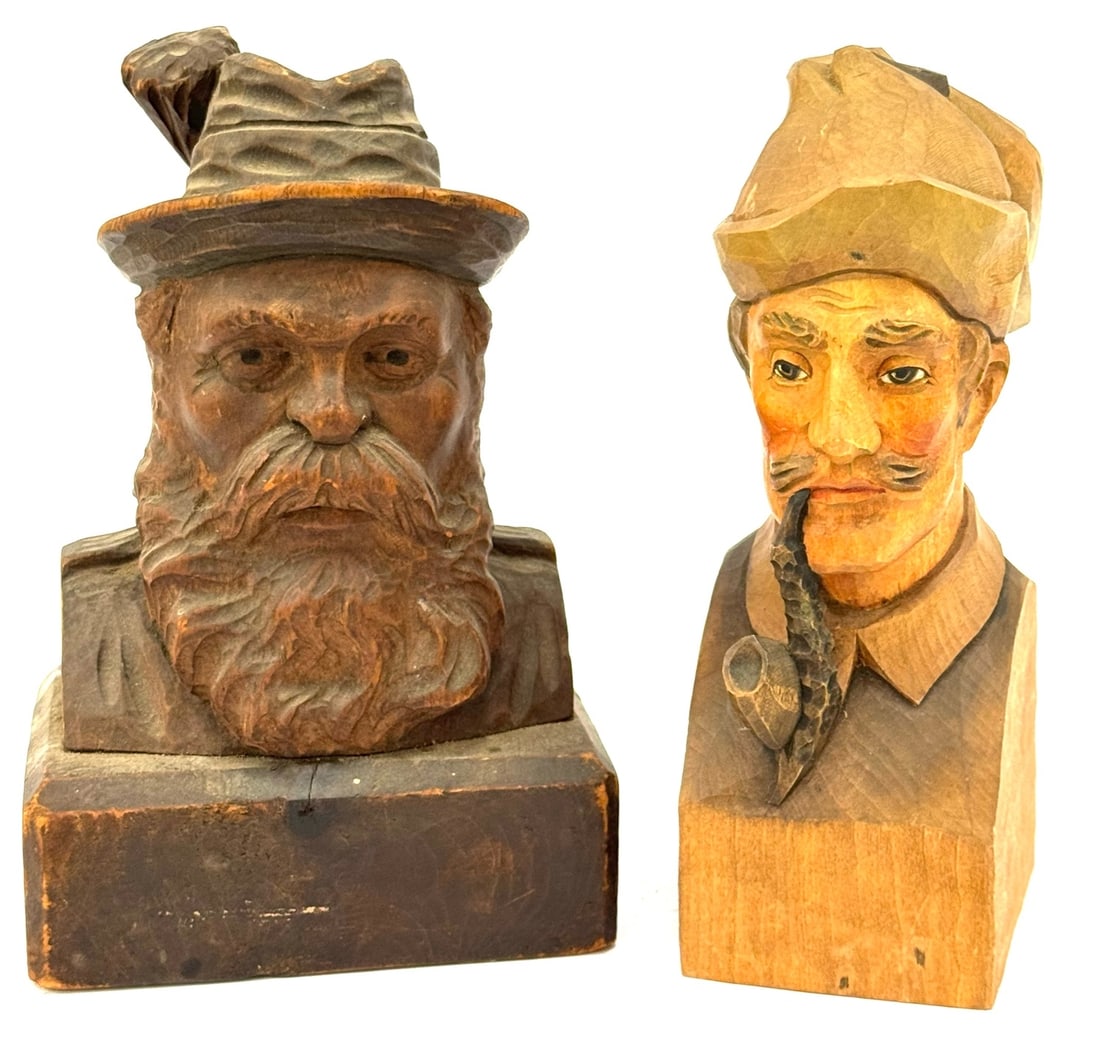 Antique Hand Carved Black Forest Figural Busts: Antique Hand Carved Black Forest Figural Busts.? Both in good condition, one man smoking pipe.? Largest measures 8.25in tall