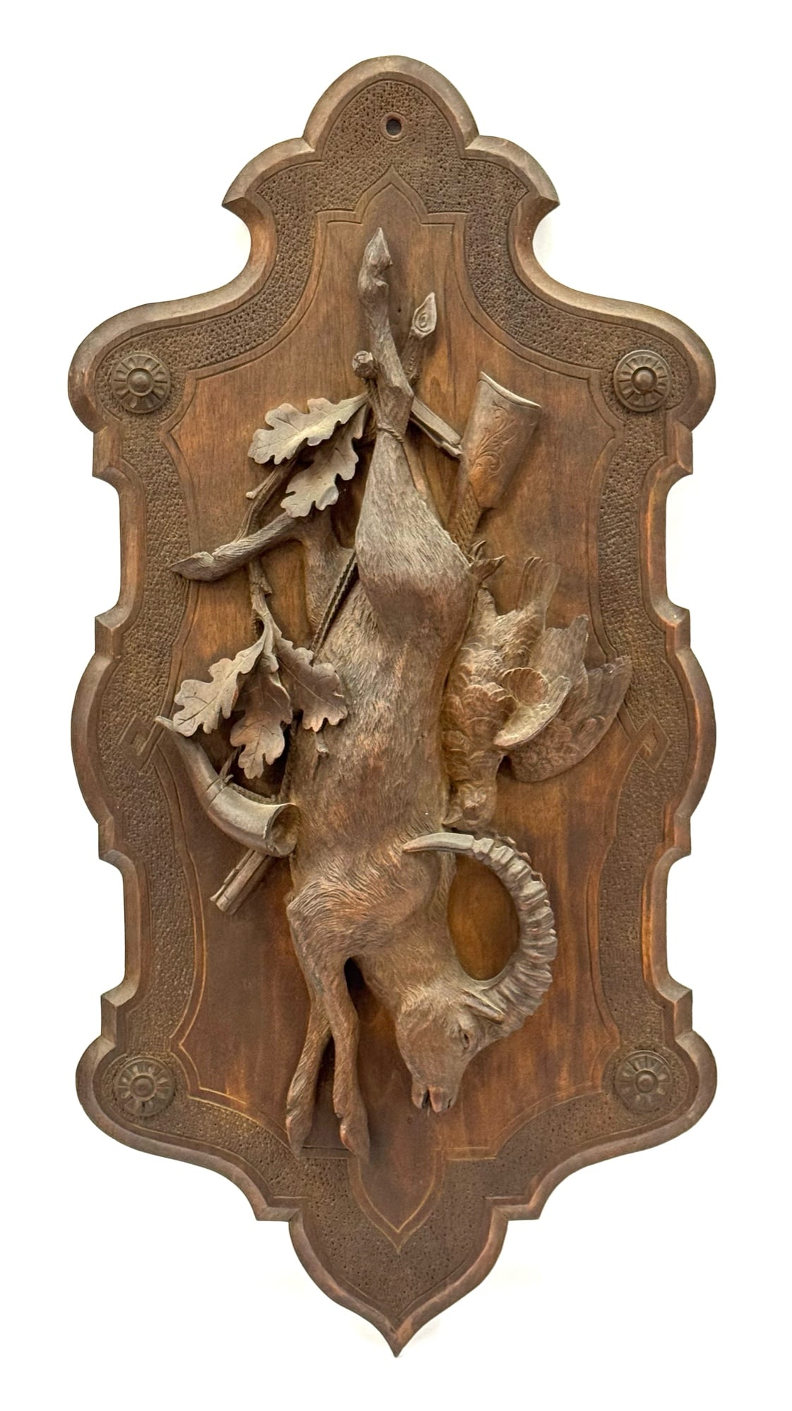 Black Forest Chamois Wood Carved Hunting Plaque: Black Forest Chamois Wood Carved Hunting Plaque.? The antique black forest chamois wood plaque is in very nice used condition.? This black forest wood plaque has finely carved leaves on each end, depi